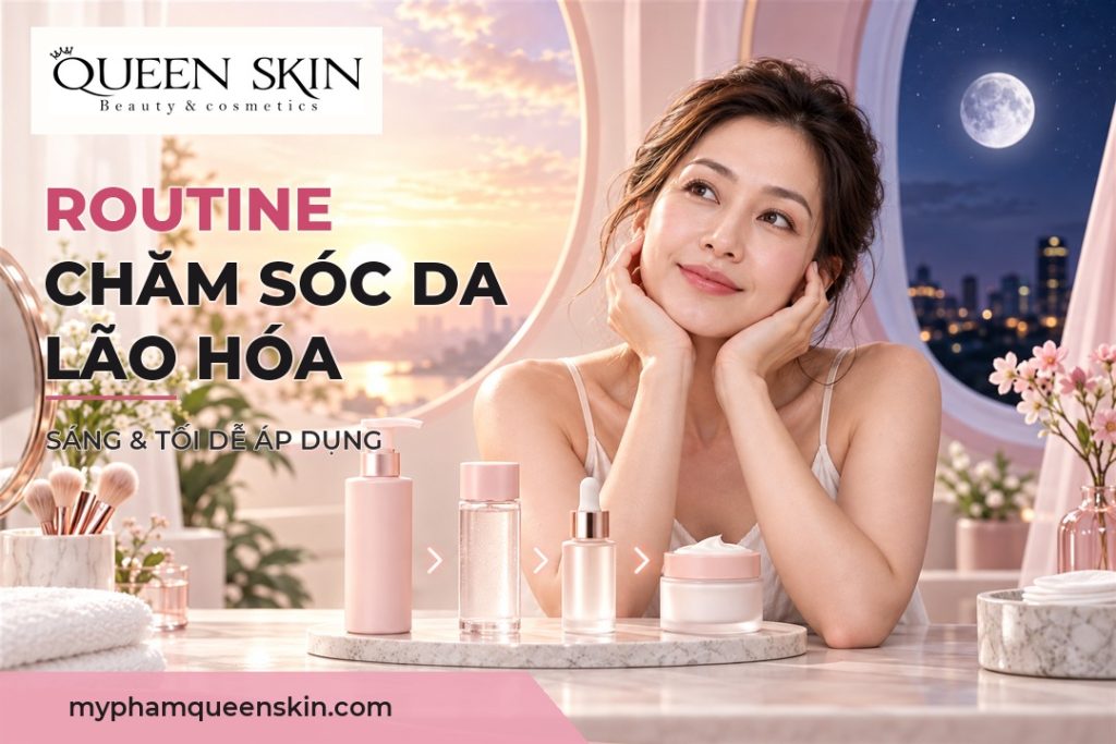 Phụ nữ trưởng thành bên các sản phẩm minh họa routine chăm sóc da sáng và tối