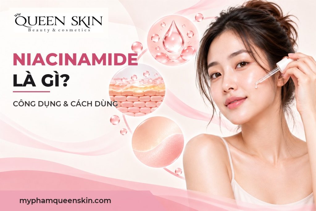 Người phụ nữ cầm ống nhỏ giọt trong ảnh minh họa bài viết về niacinamide