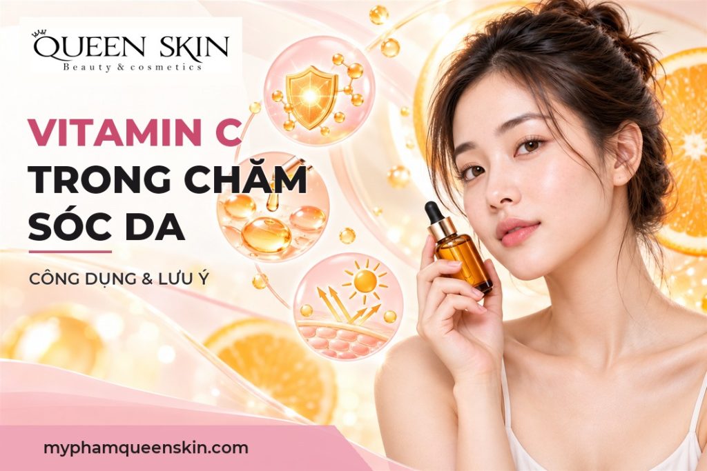 Người phụ nữ cầm chai serum màu hổ phách trong ảnh về Vitamin C chăm sóc da